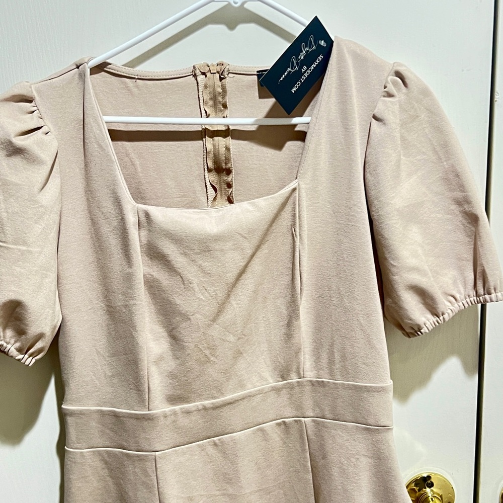 Cream Sheath Dress with Puff Cap Sleeves and Square Neckline